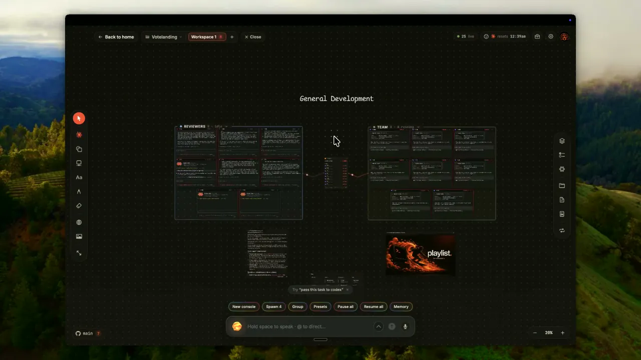 Symvibe board on macOS: several agent terminals, a kanban and a web tile arranged in one visual workspace